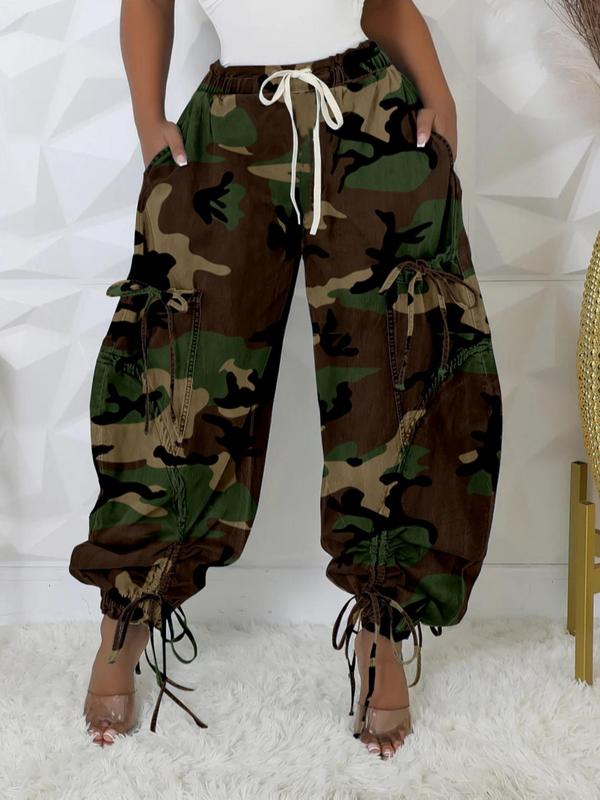 Women's Camo Print Drawstring Waist Pants, Street Fashion Casual Pocket Trousers for Daily Wear, Ladies Bottoms for Fall & Winter