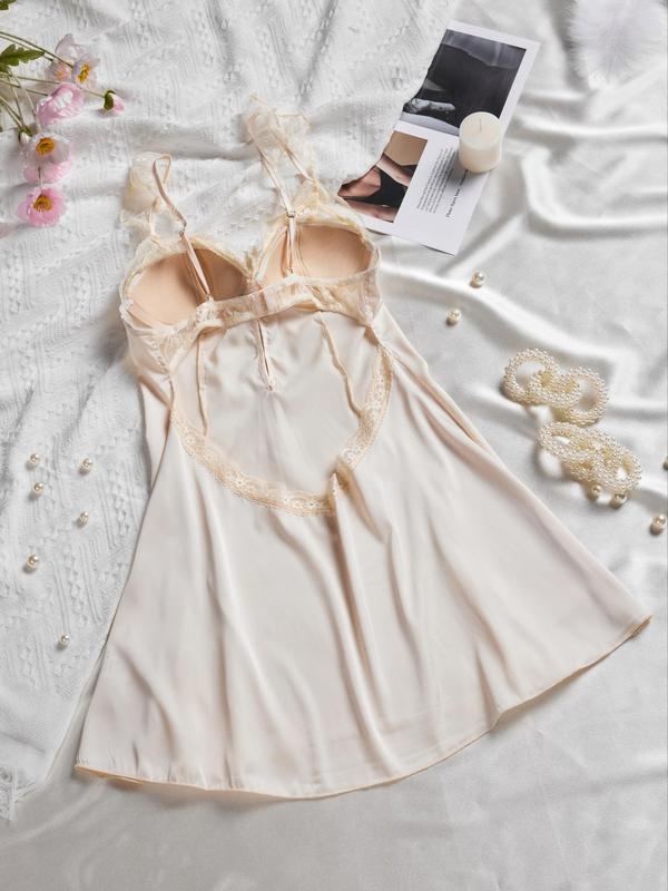 Women's Plain Contrast Lace Sheer Cami Nightdress PJ, Summer Clothes Women, Elegant Button Design Spaghetti Strap Nightgown Nighties, Lady's Sleepwear For Summer