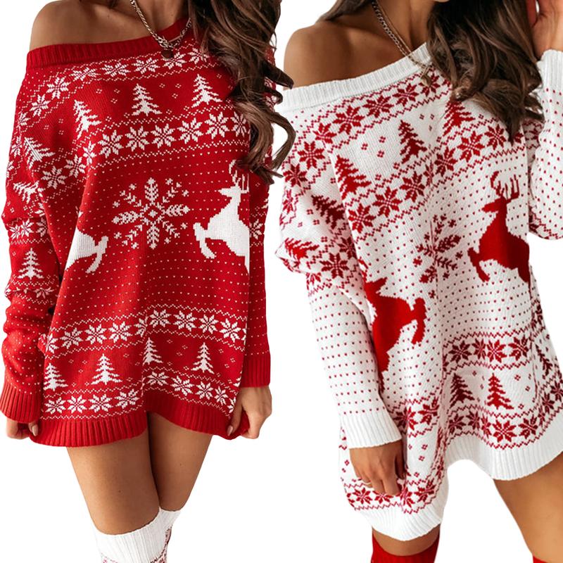 Women Ugly Christmas Sweater Dress Long Sleeve Cute Print Winter Xmas Pullover Knit Dress Holiday Outfits