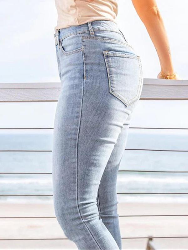 Plus Size Plain Pocket Skinny Jeans, Casual High Waist Stretchy Denim Pants, Women's Bottoms for All Seasons, Fall Clothes 2024