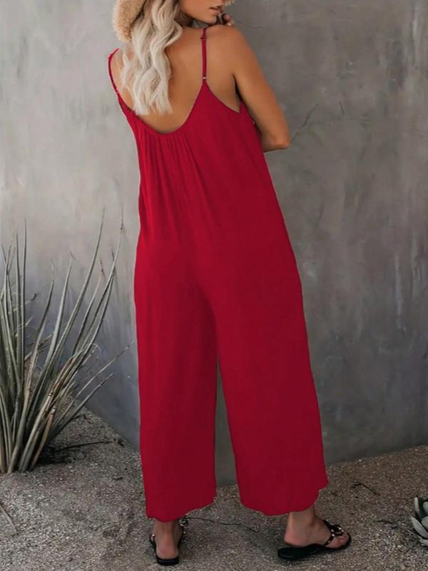  Solid Ruched Pocket Wide Leg Jumpsuit, Casual Sleeveless Spaghetti Strap Jumpsuit for Fall & Winter, Jumpsuit for Women, Women's Plus Size Clothes for Daily Wear