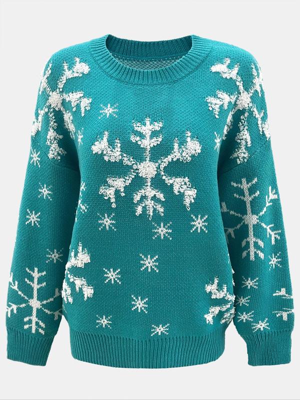 Women's Christmas Snowflake Pattern Drop Shoulder Sweater, Casual Long Sleeve Round Neck Jumper for Fall & Winter, Fashion Ladies' Knitwear for Daily Wear