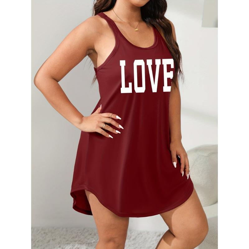 Plus Size Women's Cozy Lounge Dress - Soft Scoop Neck, Racer Back, Relaxed Fit, Letter Graphic Tank Sleep Dress for Casual Occasions