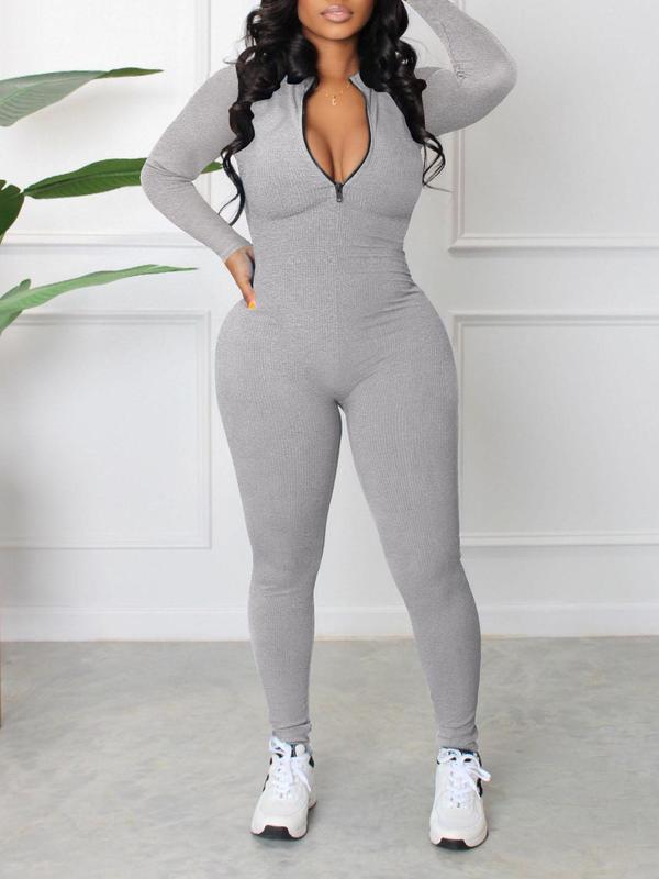 Women's Solid Zip Up Skinny Jumpsuit, Casual Comfy Long Sleeve High Neck Jumpsuit for Daily Wear, Ladies Clothes for All Seasons