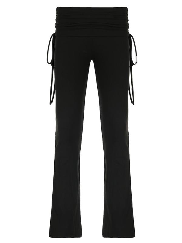 Women's Solid Drawstring Flare Leg Pants, Casual Elastic Waist Bell Bottom Trousers for Daily Wear, Flare Pants, Women's Knitwear for All Seasons