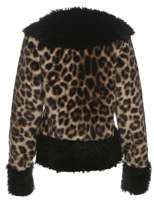 Women's Leopard Print Contrast Faux Fur Trim Button Front Jacket, Casual Long Sleeve Fuzzy Outerwear for Fall & Winter, Ladies Clothes for Daily Wear