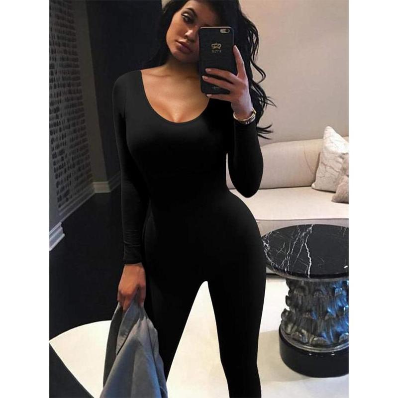 Women's Sexy Long Sleeve Bodycon Solid Outfits Club Rompers Jumpsuits