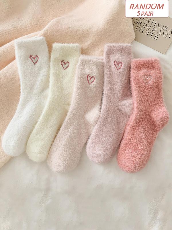 Random Color Women's Heart Embroidery Plush Crew Socks, Casual Soft Comfy Thermal Socks for Fall & Winter, Women's Socks for Daily Wear