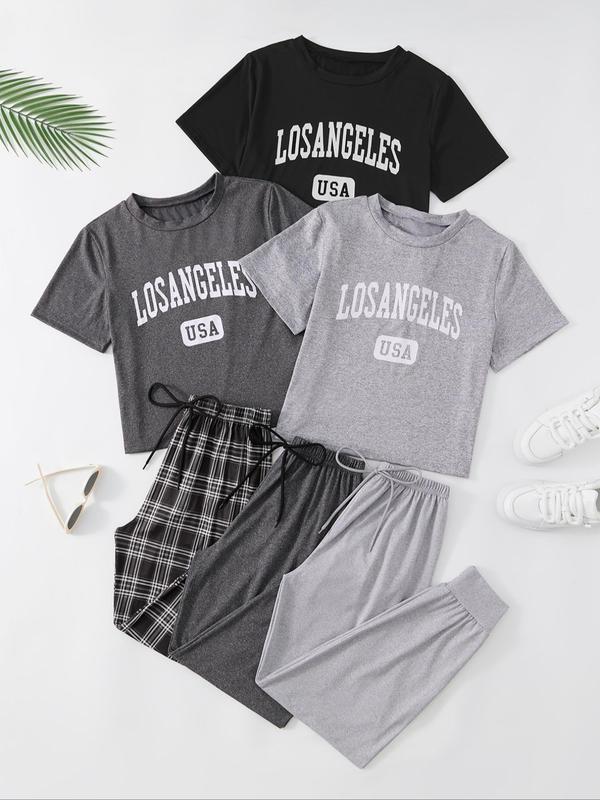 6 Pieces Women's Letter Print Tee & Plaid Print Pants Set, Casual Comfy Round Neck Short Sleeve T-shirt & Drawstring Elastic Waist Trousers Pj Set for Summer, Pajama Sets Women, Ladies Sleepwear & Loungewear for Indoor Wear