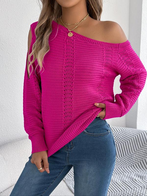 Women's Plain Cut Out Asymmetrical Neck Sweater, Casual Long Sleeve Hollow Out Jumper for Fall & Winter, Fashion Ladies' Knitwear for Daily Wear