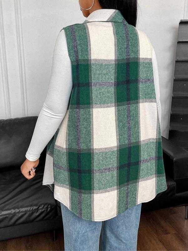  Plaid Print Button Front Vest Coat, Casual Sleeveless Collared Outerwear for Fall & Winter, Women's Clothes for Daily Wear