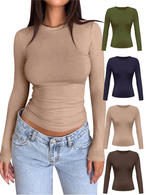 Women's Solid Round Neck Long Sleeve Tee, Casual Crew Neck T-Shirt for Spring & Fall, Women's Top for Daily Wear