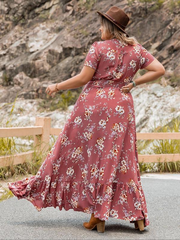  Floral Print Button Front Ruffle Hem Shirred Split A Line Vintage Dress, Summer Casual Wear Clothes Women, Boho V Neck Short Sleeve Dress, Sundress Maxi Dress, Homecoming Dresses, Women's Clothes Plus Size Fall Outfits 2024 Non Bodycon Dress