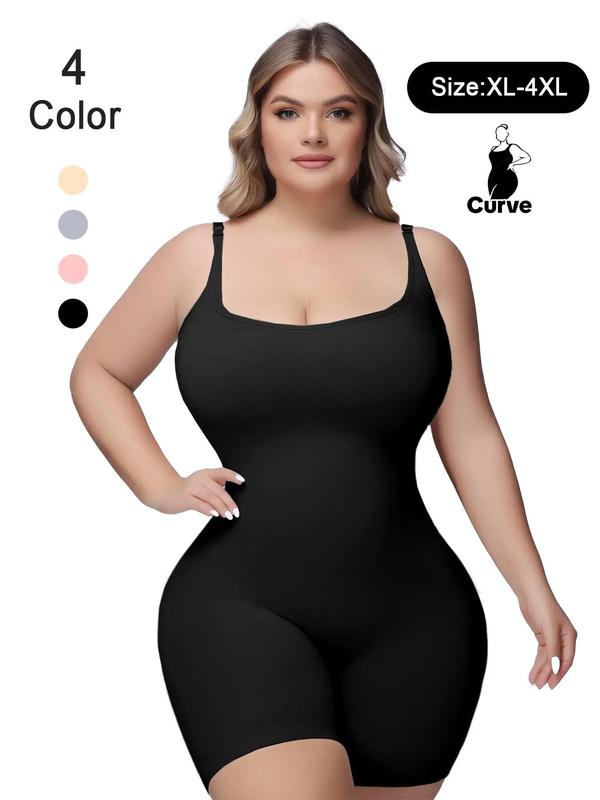 Plus Size Solid Adjustable Strap Shapewear Bodysuit, Basic Tummy Control Butt Lift Cami Bodysuit, Plus Size Women's Clothing, Summer Wear 2024, Womenswear Plus Size Clothes,  Plus Size Fall Clothing