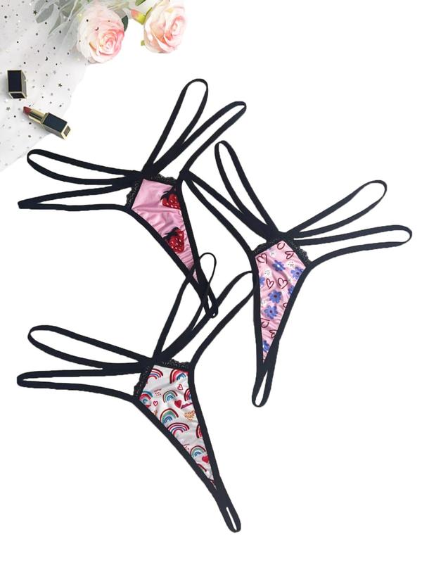  All Over Print Contrast Lace Thong, Soft Comfy Breathable Cut Out Panty for Daily Wear, Women's Underwear for All Seasons