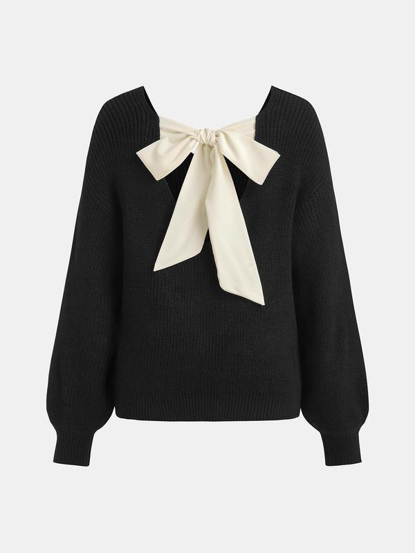 YOZY Christmas Deals, Women's Plain Bow Decor V Neck Sweater Pullover, Casual Drop Shoulder Long Sleeve Jumper for Fall & Winter, Women's Knitwear for Daily Wear, Christmas 2024 Trend, Fall & Winter Clothes