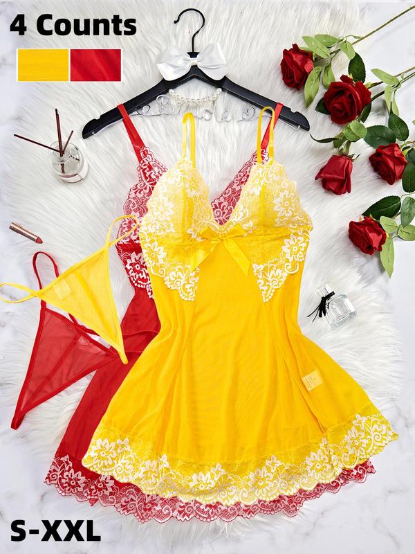 Women's Floral Lace Trim Cami Dress & Thong Sexy Lingerie Set, Romantic Comfy Breathable Mesh Lingerie Set for Daily Wear, Women's Lingerie & Underwear for All Seasons