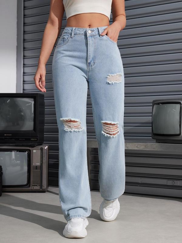 Women's Denim-effect Print Ripped Button Pocket Pants, Pants for Women, Casual Street  Jean, High Waist Straight Leg Trousers for Daily Wear, Ladies Bottoms for All Seasons, Pants for Women