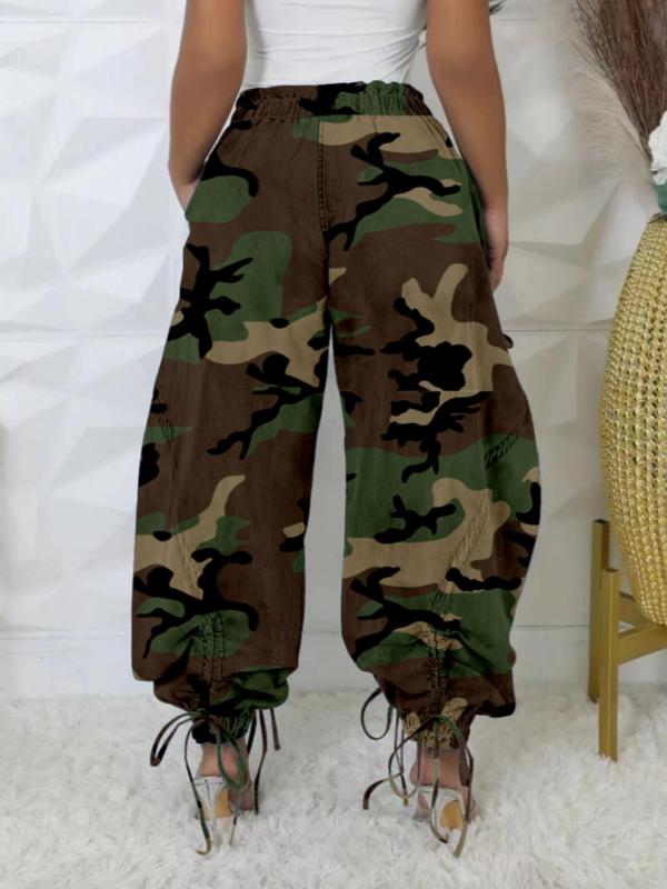 Women's Camo Print Drawstring Waist Pants, Street Fashion Casual Pocket Trousers for Daily Wear, Ladies Bottoms for Fall & Winter