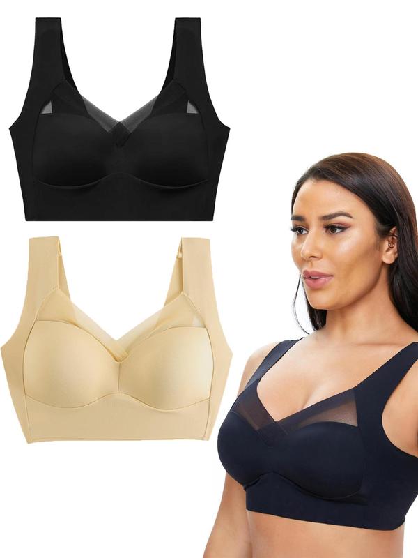 Women's Solid Contrast Mesh Wireless Bra, Casual Comfortable Breathable Push Up Lingerie for Daily Wear, Lingerie for All Seasons