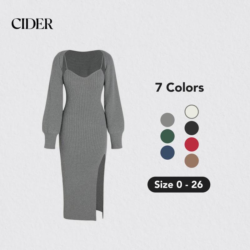 Cider [7 colors, Size 0-26] 2-Piece Set Sweater Dress, Stretchy and Hugs Your Figure, Fits Like Glove, Elegant Fashion Cozy Outfits for Spring & Fall Daily, Night Date Outfits