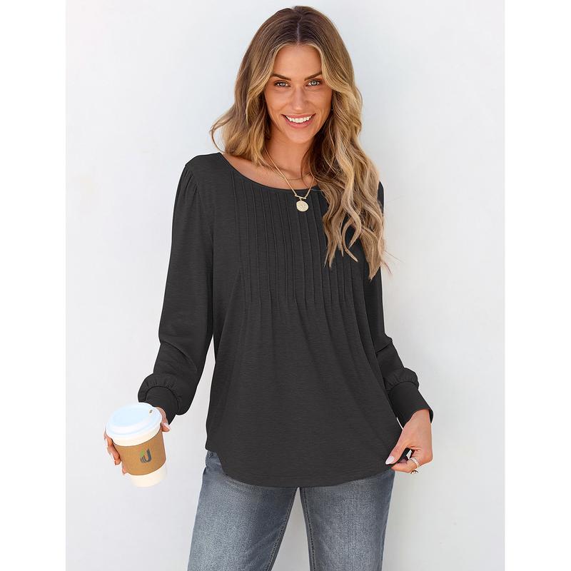 UEU Womens Long Sleeve Shirts Pleated Crew Neck Tunic Tops 2024 Dressy Casual Loose Blouses