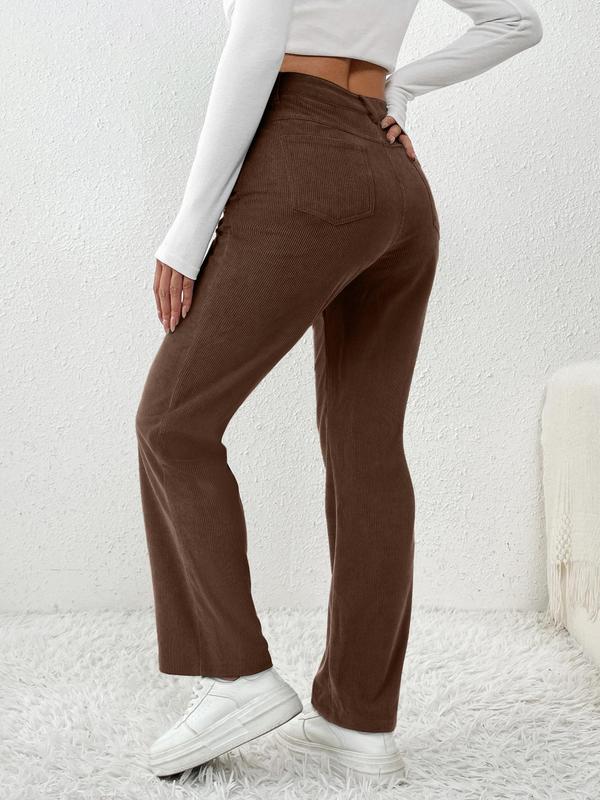 YOZY Women's Plain Pocket Button Front Straight Leg Corduroy Pants, Casual Comfy High Waist Trousers for Daily Wear, Women's Spring Bottoms 2024