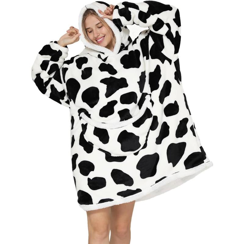 Wearable Blanket Hoodie Oversized Hooded Blanket for Adult Women Super Soft Comfortable Warm Flannel Cow