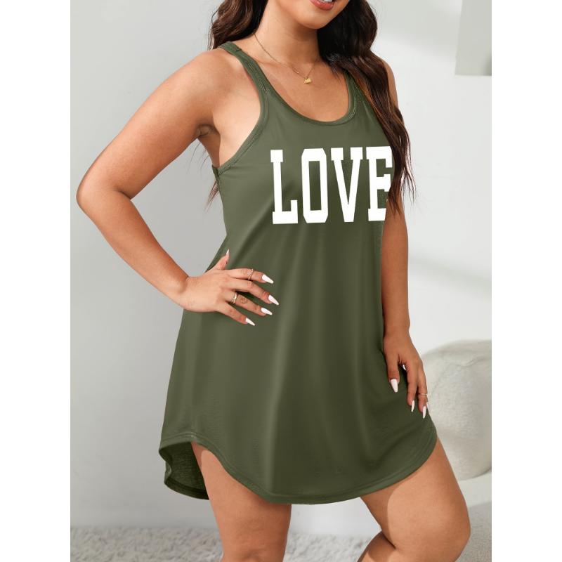 Plus Size Women's Cozy Lounge Dress - Soft Scoop Neck, Racer Back, Relaxed Fit, Letter Graphic Tank Sleep Dress for Casual Occasions