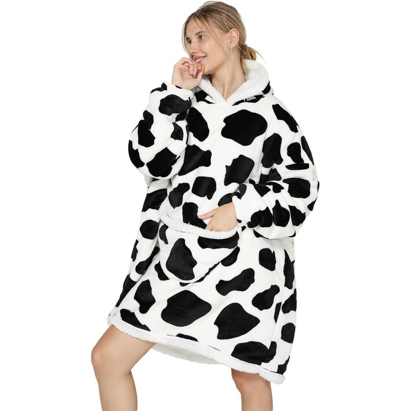 Wearable Blanket Hoodie Oversized Hooded Blanket for Adult Women Super Soft Comfortable Warm Flannel Cow