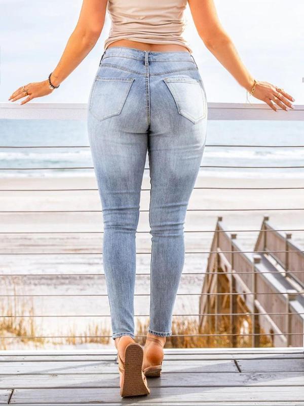 Plus Size Plain Pocket Skinny Jeans, Casual High Waist Stretchy Denim Pants, Women's Bottoms for All Seasons, Fall Clothes 2024