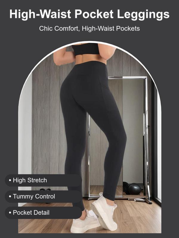 Women's Solid High Waist Pocket Leggings, Leggings for Women, Casual Comfy High Stretch Skinny Pants for Daily Wear, Ladies Bottoms for All Seasons