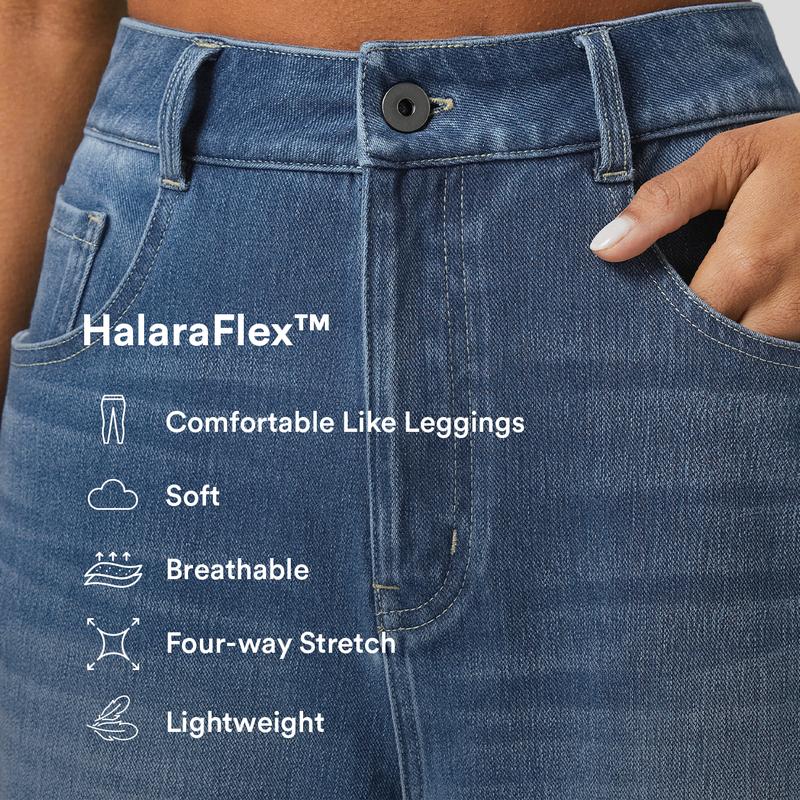 Halara Flex High Waisted Multiple Pockets Rolled Hem Wide Leg Washed Stretchy Knit Casual Jeans