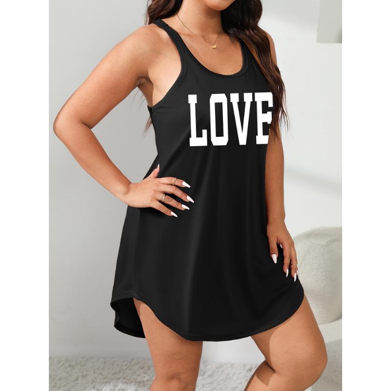 Plus Size Women's Cozy Lounge Dress - Soft Scoop Neck, Racer Back, Relaxed Fit, Letter Graphic Tank Sleep Dress for Casual Occasions