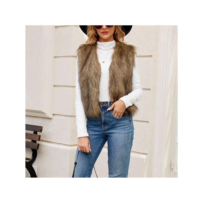 Women Faux Fur Vest, Sleeveless Open Front Solid Outwear Gilet For Casual Street