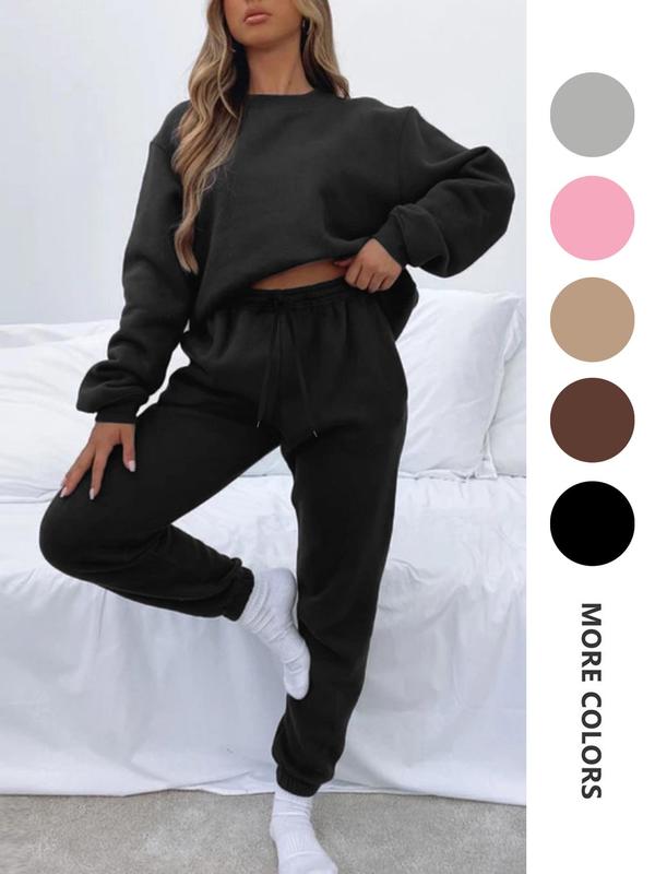 Women's Solid Drop Shoulder Sweatshirt & Drawstring Waist Sweatpants Set, Two Piece Set Women, Casual Fashion Cozy Round Neck Long Sleeve Pullover & Pocket Jogger Pants for Daily Wear, Ladies Two-piece Outfits for Fall & Winter, 2 Piece Sets Women