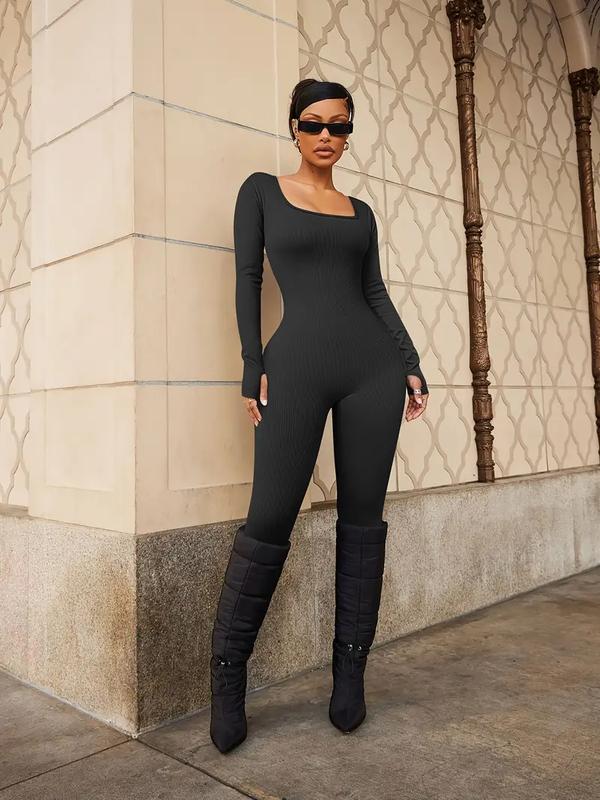 Women Yoga Jumpsuits Workout Ribbed Long Sleeve Sport Jumpsuits Machine Washable,Solid Color, Casual Activewear for Spring and Fall