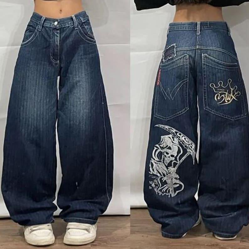 Y2K Hip Hop Street Oversized Jeans, Grunge Death Print Baggy Jeans, Skull Embroidered Jeans, Y2K Jeans, Plus Size jeans Womenswear Bottom