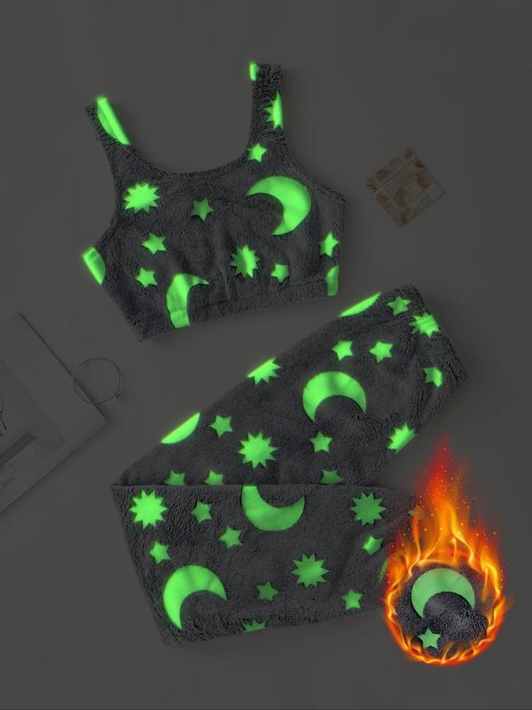 Women's Glow in The Dark Star Moon Print Loungewear fluffy pajamas Set, Casual Comfortable Sleeveless Crop Top & Elastic Waist Pants for Fall & Winter