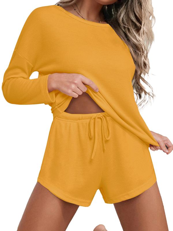 Ekouaer Fashion Cute Womenswear Waffle Knitted Pajama Set, Knitted Long Sleeve Top and Drawstring Shorts, Waffle Autumn Women's Knitted Set Loungewear