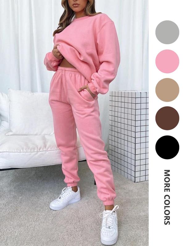 Women's Solid Drop Shoulder Sweatshirt & Drawstring Waist Sweatpants Set, Two Piece Set Women, Casual Fashion Cozy Round Neck Long Sleeve Pullover & Pocket Jogger Pants for Daily Wear, Ladies Two-piece Outfits for Fall & Winter, 2 Piece Sets Women