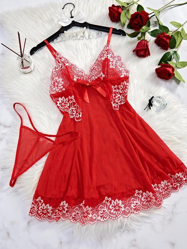 Women's Floral Lace Trim Cami Dress & Thong Sexy Lingerie Set, Romantic Comfy Breathable Mesh Lingerie Set for Daily Wear, Women's Lingerie & Underwear for All Seasons