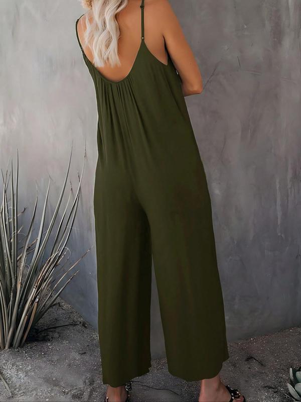  Solid Ruched Pocket Wide Leg Jumpsuit, Casual Sleeveless Spaghetti Strap Jumpsuit for Fall & Winter, Jumpsuit for Women, Women's Plus Size Clothes for Daily Wear