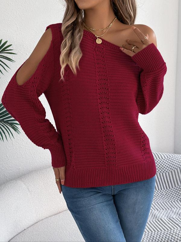 Women's Plain Cut Out Asymmetrical Neck Sweater, Casual Long Sleeve Hollow Out Jumper for Fall & Winter, Fashion Ladies' Knitwear for Daily Wear