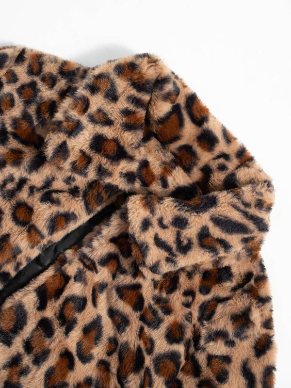 Women's Leopard Print Pocket Open Front Fuzzy Coat, Casual Long Sleeve Outerwear for Fall & Winter, Women's Clothing for Daily Wear