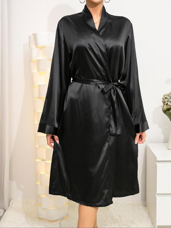 Women's Solid Belted V Neck Satin Robe, Casual Long Sleeve Dressing Gown, Ladies Sleepwear for Spring & Fall