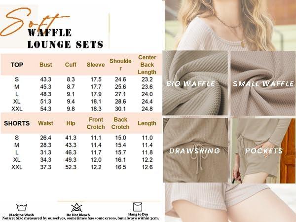 Ekouaer Fashion Cute Womenswear Waffle Knitted Pajama Set, Knitted Long Sleeve Top and Drawstring Shorts, Waffle Autumn Women's Knitted Set Loungewear