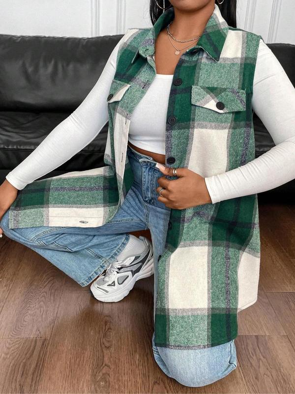  Plaid Print Button Front Vest Coat, Casual Sleeveless Collared Outerwear for Fall & Winter, Women's Clothes for Daily Wear