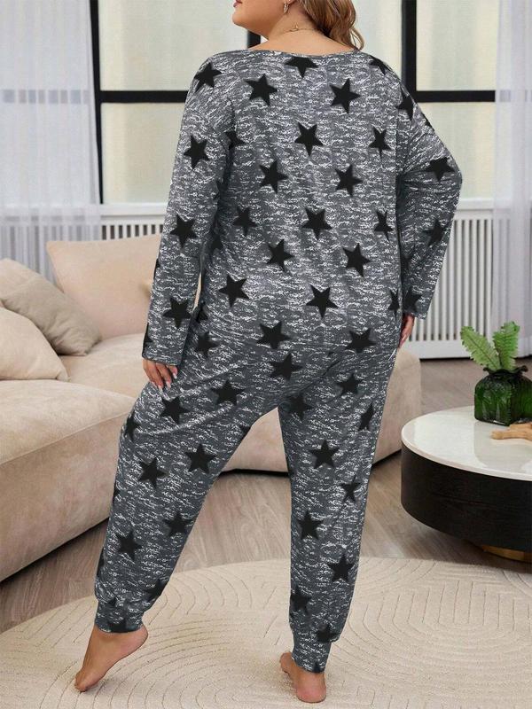 Plus Size Christmas All Over Star Print Drop Shoulder Tee & Pants Pyjama Set, Pajama Sets Women, Casual Comfy Round Neck Long Sleeve T-shirt & Trousers Pj Set, Women's Sleepwear for Spring & Fall