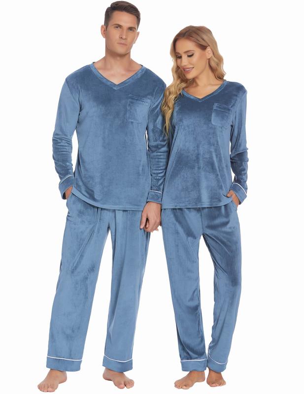 Ekouaer Couples Matching Pajamas Sets Velvet PJs Set for Men and Women Velour Long Sleeve Sleepwear S-XXL